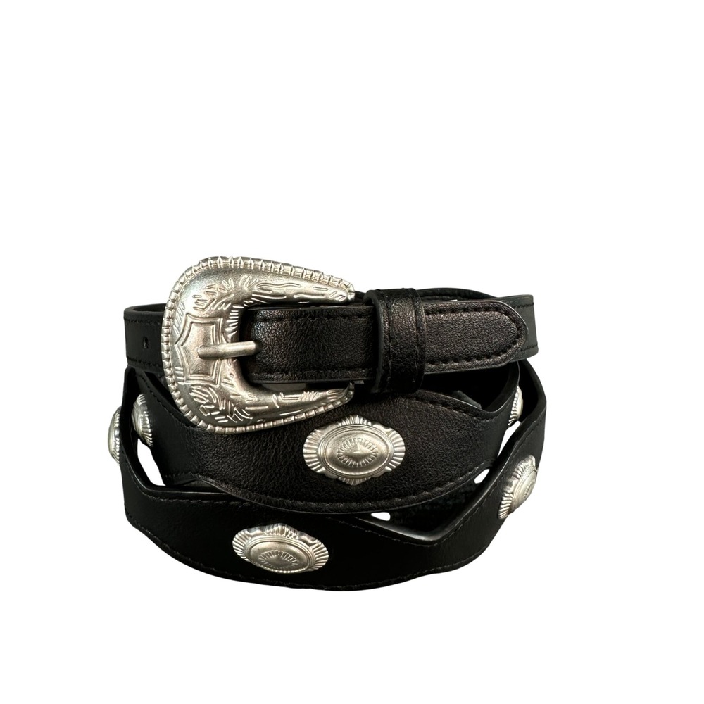 Western Black Faux Leather Belt Silver Engraved Buckle Concho Studs XL
